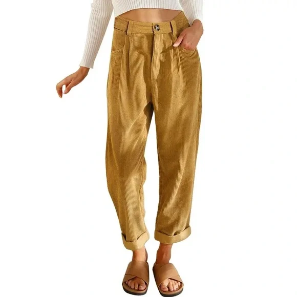 Khaki High Waisted Straight Leg Pants Casual Corduroy Pants Vintage Trousers - Picture 5 of 10